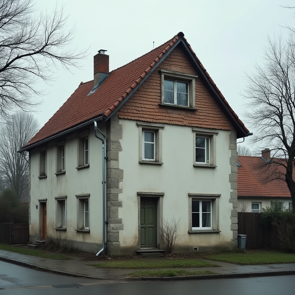 Single-family house with a pitched tile roof in a Silesian residential neighbourhood under overcast sky