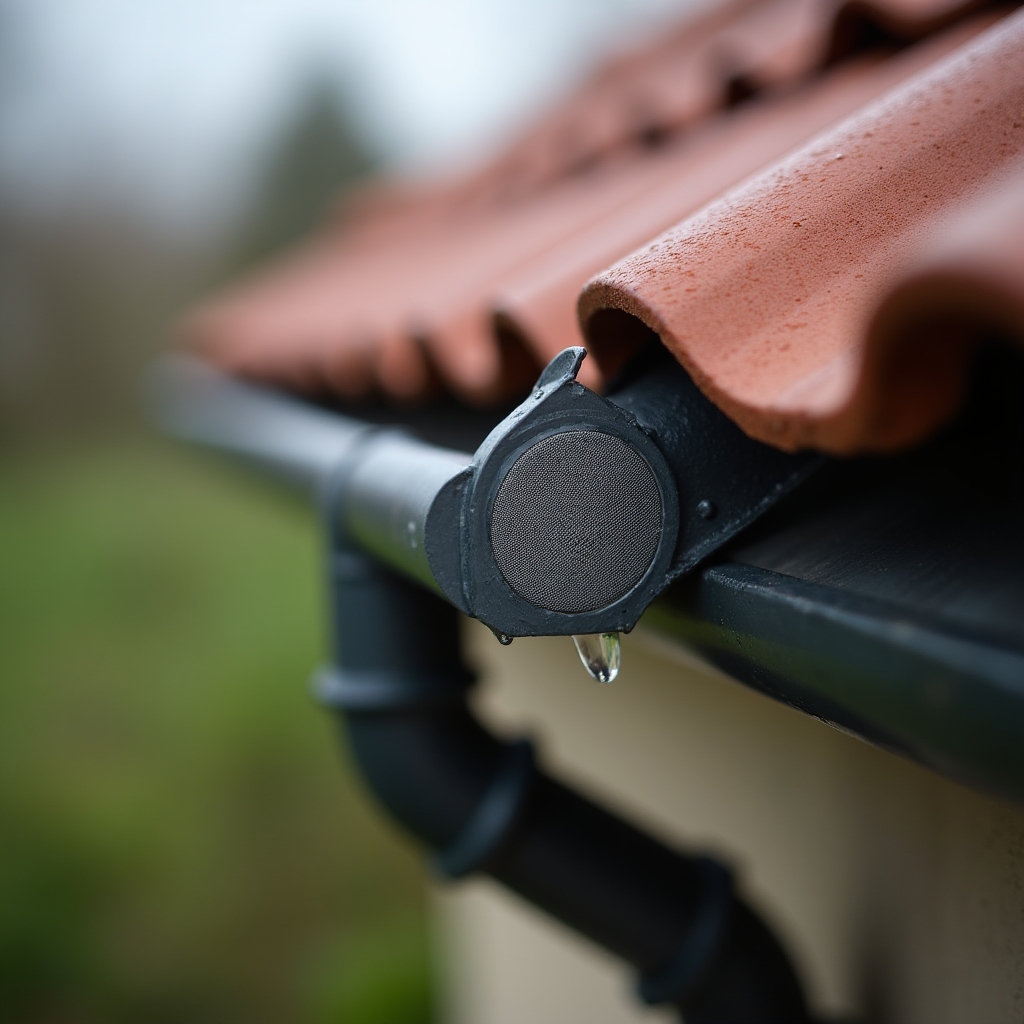 Close-up of a gutter and downpipe fitted with a leaf filter directing rainwater toward a storage tank