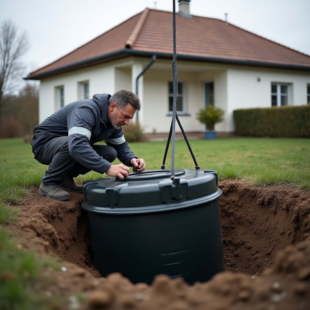 Technician lowering an underground rainwater storage tank into an excavated garden pit beside a single-family home