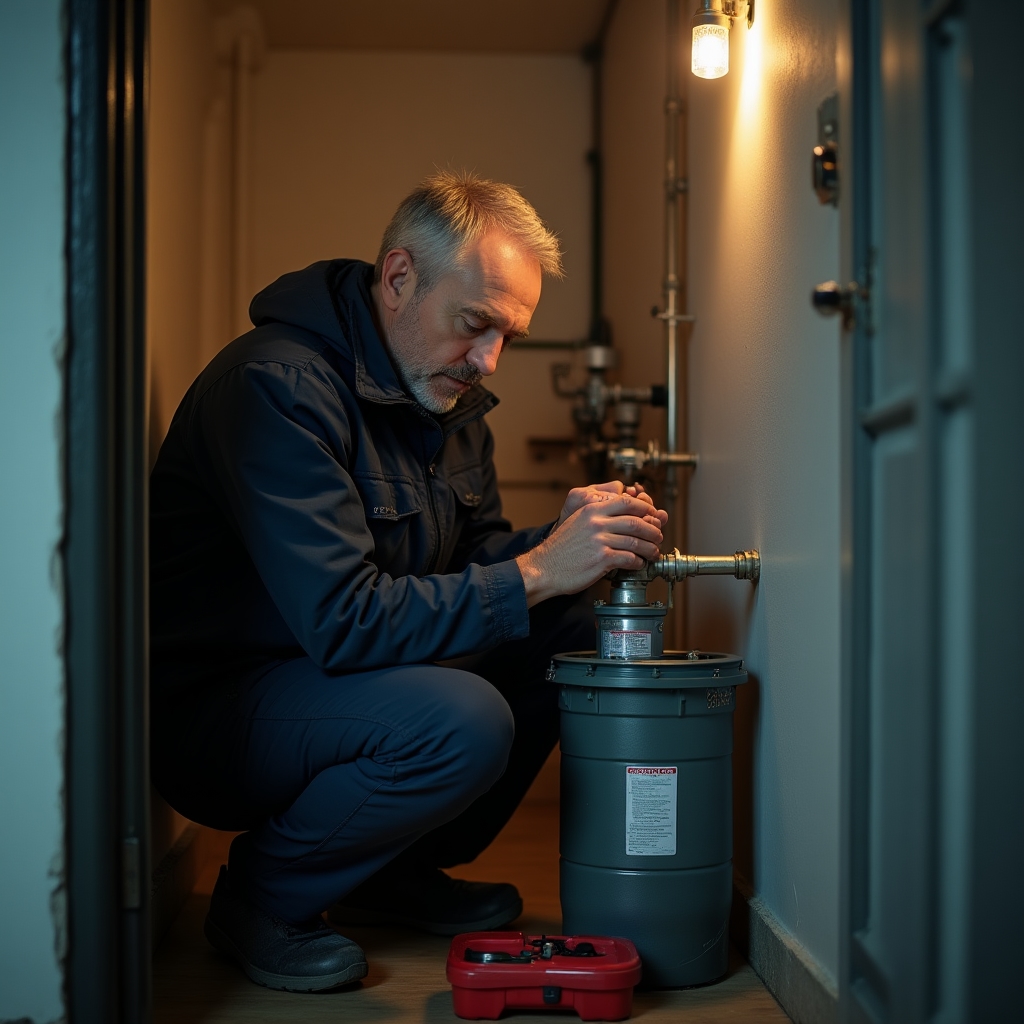 Technician replacing a filter cartridge during an annual rainwater system maintenance visit
