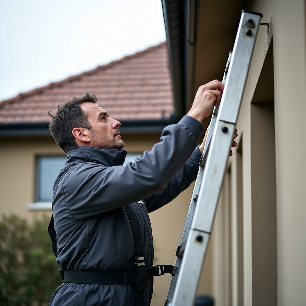 Technician standing on a ladder assessing a residential roof for rainwater catchment area measurement